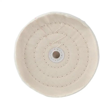 Pro Grade Cotton Buffing Wheel For Auto Detailing And Metal Polish 2 To 8 Inch Sizes With Yellow Firm And White Soft Variants For Straight Fire Shine And A No Sweat Cleanup Job, white cotton disk front view.