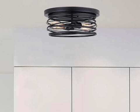 Two Light Flush Mount Ceiling Light With Black Metal Shade In A Slick Low Profile Style For Bedroom Hallway Or Living Room 13 Inch