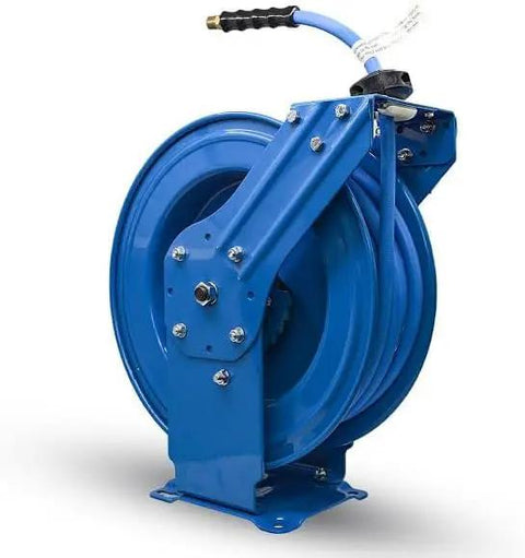 Heavy Duty One Half Inch By Five Hundred Foot Pneumatic Air Hose On Solid Wooden Spool Kink Free Ozone Guarded Rubber Cover on blue reel.