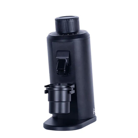 Hitting The Sweet Spot With Next Level Electric Single Dose Coffee Grinder 83Mm Steel Conical Burrs Stepless Adjustment And Zero Static Control For Barista Grade Espresso Filter Brews Black side view showing compact design and ground coffee holder.