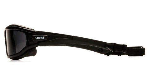 Tough As Nails Fog Proof Safety Glasses With Impact Resistant Gray Tint profile view showing black frame and adjustable strap.