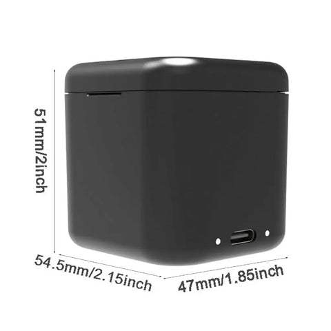 High Speed Dual Channel Battery Charging Hub For Action Cameras With Fast Charge Port, cube shape dimensions visible