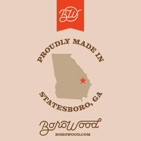 Borowood birch wood round label with Georgia map and red star, Borowood logo, Proudly Made in Statesboro, GA
