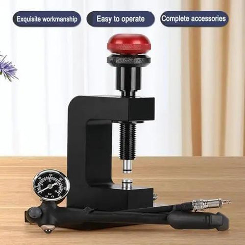 Straight Up Slick Watch Repair Kit With Spring Bar Remover And 29 Precision Dies plugged in with air pump and 360-degree hose for strap adjustments.