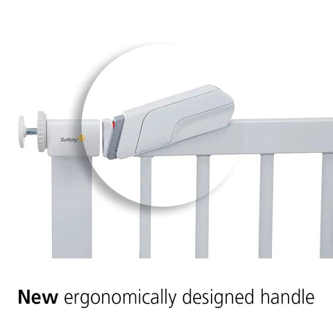 Close-up of white Flat Step Pressure Mounted Baby Gate For Doorways with ergonomic handle, no-drill install, pet-friendly, durable.