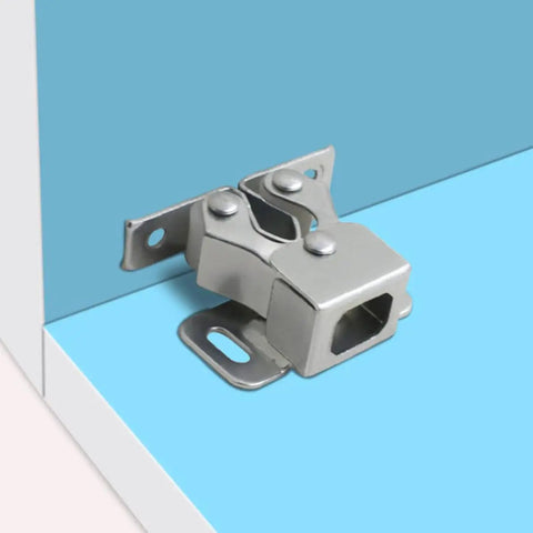 Heavy Duty Cabinet Door Catch Ball Latch With Stainless Steel Roller for cupboard and drawer doors, mounted on blue surface.