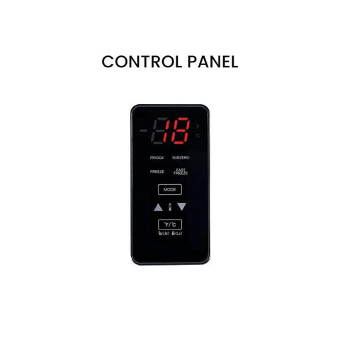 Control panel of the 14 Cubic Foot Upright Freezer Refrigerator In Stainless Steel with temperature display and function buttons.