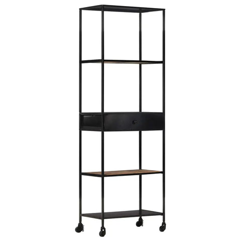 Rough Mango Wood And Iron Four Shelf Bookcase With Drawer Tall 70.9 Inch Industrial Farmhouse Style Storage with black iron frame
