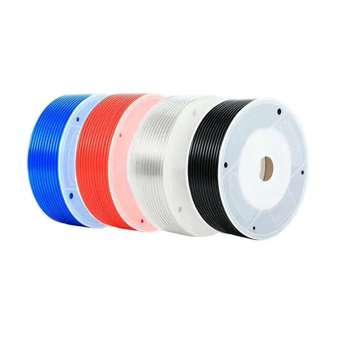 Top Shelf Polyurethane Tubing For Pneumatic Air Hose Systems in blue, red, white, and black rolls, ideal for compressor usage.