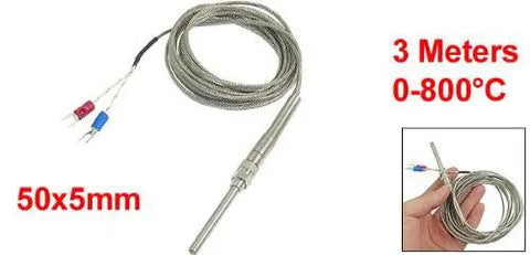 K Type Thermocouple Probe Sensor Cable 50mm By 5mm, 0-500C Range, 9.8 Ft Long Three Meter Lead With Metal Shield, Fork Terminal Spacing 4mm