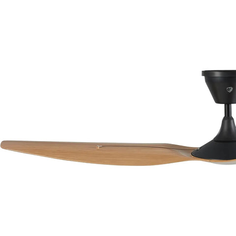 Built Tough Smart Outdoor Ceiling Fan Marine Coastal Grade Wet Rated Salt Resistant Storm Ready With Wireless Remote Control And Universal Mount And Ten Inch Extension Tube For Rough Sea Breeze Decks, side view of wooden blade and motor housing.