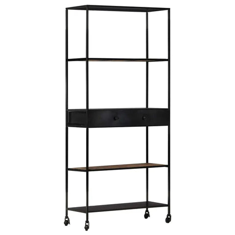 Tall Industrial Book Cabinet With Solid Mango Wood Shelves And Iron Frame, 4 Tier Rustic Display Bookcase In Black For Living Room