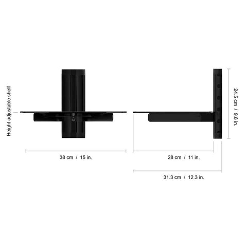 Wall Mounted Media Console Shelf With Adjustable Tempered Glass Tray For Your Streaming Gear Featuring Sturdy Steel Brackets And Nifty Cable Routing In Sleek Matte Black Finish, dimensions. 