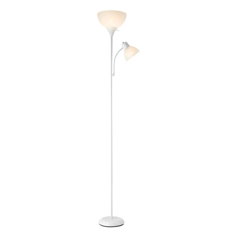72 Inch Torchiere Floor Lamp With Adjustable Reading Arm Frosted Shades Matte Black Frame Dope Modern Look Rotary Switch On Socket E26 Base Ambient And Task Lighting For Your Living Room Or Den, shown with a white frame and frosted shades