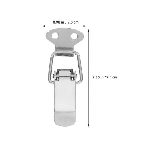 Upgrade Your Gear With 10 Stainless Steel Spring Hasps And Toggle Latches For Tool Boxes, Wooden Cases, Cabinets, And Lockers To Keep Stuff Secure And Easy To Open, front view of a spring latch measuring 0.98 in by 2.95 in.