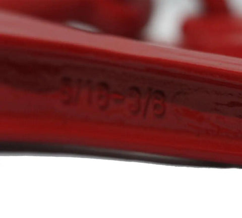 Close-up of G70 Recoilless Safety Release Chain Binder Two Pack For Flatbed Haulers, showing chain size range 5/16-3/8 inch.