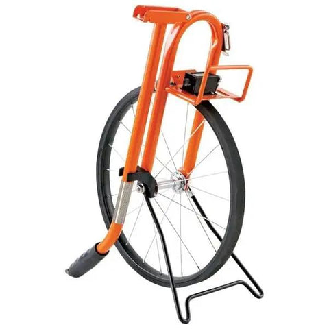 Heavy Duty Metal Frame Measuring Wheel With Foot Graduations And Geared Mechanical Clicker Counter for outdoor layouts, showing orange frame and rubber tire.