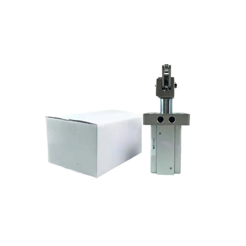 Heavy Duty Pneumatic Stopper Cylinder With A Top Shelf Aluminum Body and Smooth Precision Stroke, packaged with a box.