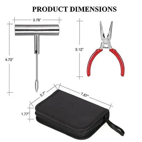 Knuckle Tough Roadside Flat Tire Repair Kit 61 Piece Set dimensions showing steel pliers, tread repair tool, and carrying case.