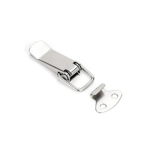 Mini Stainless Steel Toggle Latch Catch Set, close-up of metal latch and catch, spring loaded, rust resistant, outdoor hardware