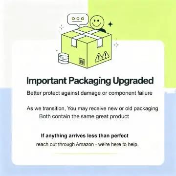 Important Packaging Upgraded notice explaining new packaging for product protection.