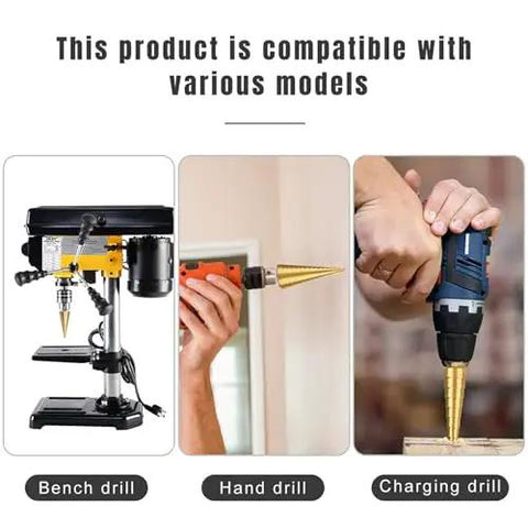 3-Piece Titanium Coated HSS Step Drill Bits Set For Precise Wood And Metal Drilling used with various drill types