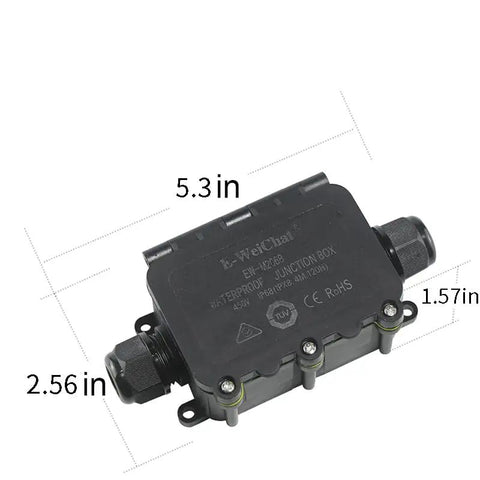 Heavy Duty Pa66 Junction Box With Ip68 Waterproof Rating And Dual Quick Connect Ports For Hella Reliable Extension Cord Repairs And Coaxial Underground Wiring Jobs Anywhere, showing dimensions 5.3in x 2.56in x 1.57in.