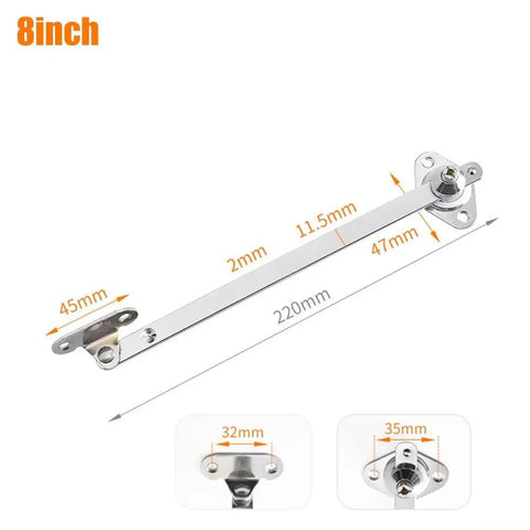 Rock Solid Cabinet Flap Stay Hinge with Down Drop Lid Support and Sliding Rail, iron-zinc alloy, silver finish, 8 inch dimensions