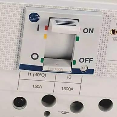 Factory Fresh 3 Pole Mccb Circuit Breaker 150a I Frame With 25ka Thermal Magnetic Trip Unit At 480v switch in ON position.