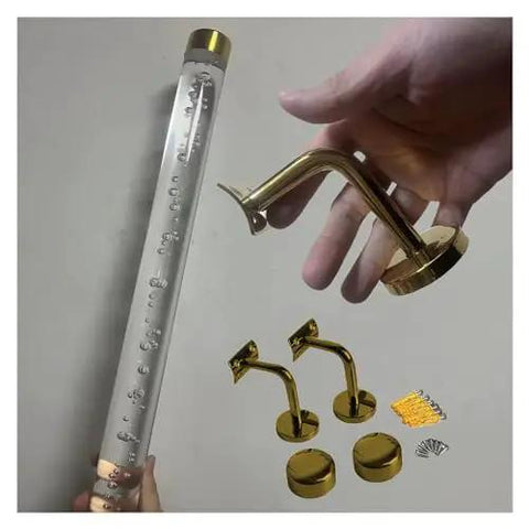 Straight Up Solid Acrylic Railing Kit With Heavy Iron Brackets, showcasing acrylic tube and gold iron bracket details.