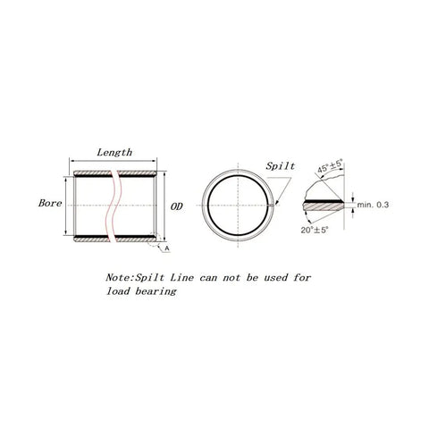 Schematic diagram showing dimensions and details of Heavy Duty Sleeve Bearing Single Unit Oilless Bushing 40X44X50mm.