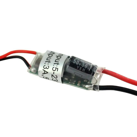 Two Pack RC BEC UBEC 5V 3A Step Down Module with EMI Shielding, red and black wires, close-up view