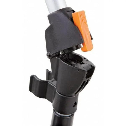 Close-up of the handle brake mechanism on the Heavy Duty Top Reading Measuring Wheel for construction measurements.