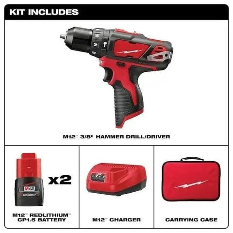 M12 3/8" Heavy Hitter Cordless Compact Rotary Hammer Drill Driver Kit with charger, battery, and case for demanding drilling tasks.