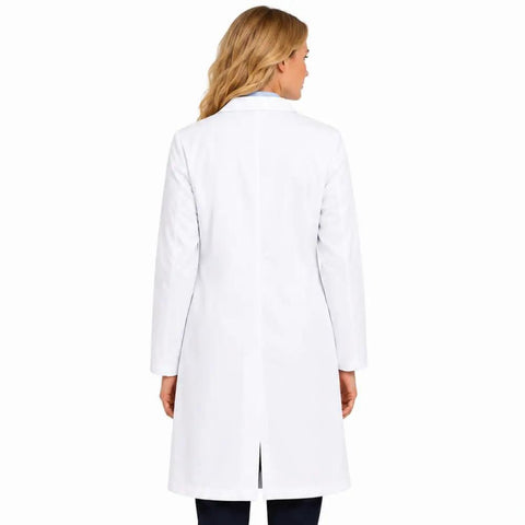 Back view of Top Shelf White Medical Lab Coat Featuring Roomy Side Pockets And Tailored Womens Cut Unisex Doctor Uniform.