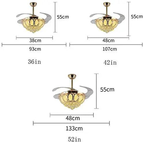 Top Notch 52 Inch Gold Ceiling Fan With Light, Fresh Crystal Lotus Frame, dimensions showing height and span of fan blades.