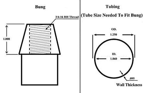 Diagram showing dimensions for bung with 3/4-16 RH thread and tubing specs for Badass 3/4 X 3/4-16 Four Link Rod End Kit.