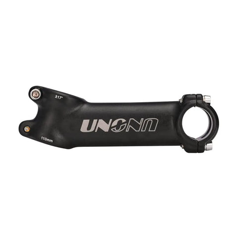 Black 110mm 17 Degree Bike Stem for 25.4mm handlebars and 28.6mm fork, lightweight aluminum, side view showing angle and length