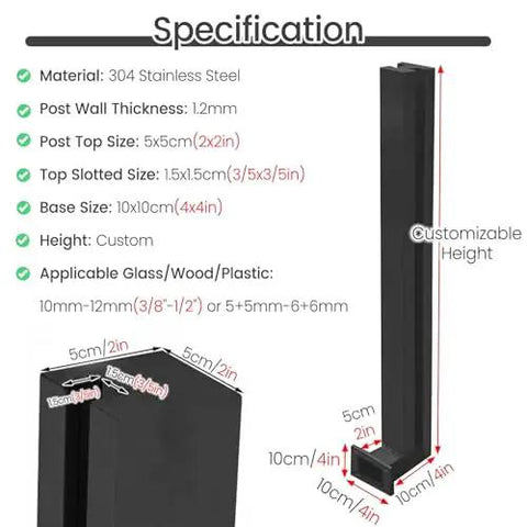 Top Tier Black Glass Railing Kit With Stainless Steel Deck Support Rock Solid Glass Clamps specifications sheet detailing sizes and materials.
