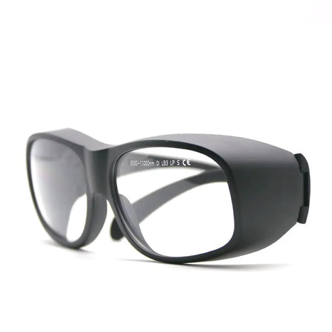 Top Tier Curved CO2 Laser Safety Glasses Packing Knockout 10600NM OD6 Shielding And Tight 90PCT VLT Clarity, black protective eyewear.