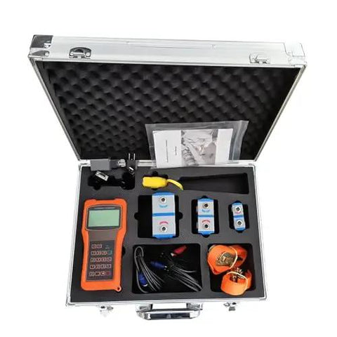 Portable Ultrasonic Flow Meter For Liquids With High Sensitivity And Digital Readouts No Contact Measurement Compact Design For Home Office Or Field Use RS232 Clamp Sensor Included Easy To Use On The Go, shown in an open carrying case.