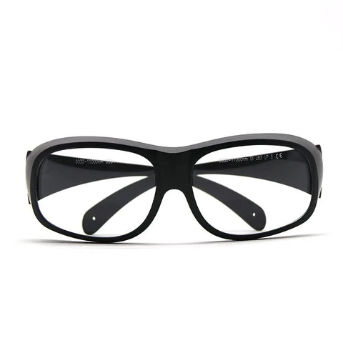 Top Tier Curved CO2 Laser Safety Glasses Packing Knockout 10600NM OD6 Shielding And Tight 90PCT VLT Clarity front view with black frame