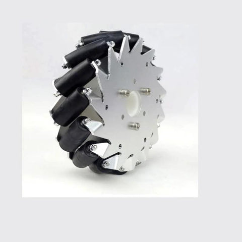 6 inch mecanum wheel for RC car with ball bearings, right-hand side wheel featuring black rollers and silver frame, easy plug and play installation