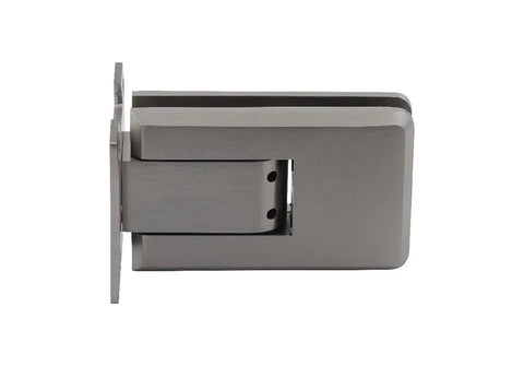 Rock Solid Brushed Nickel Self Centering Glass Door Hinge Featuring Quick Toggle Adjustment and Reliable Hold Open Lock, side view.