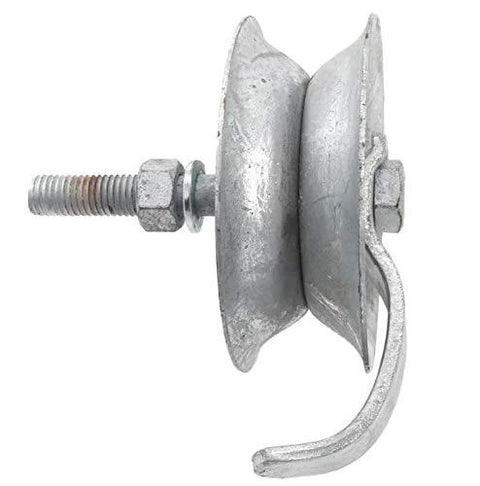 5-inch galvanized steel pipe track roller with bolt, nut, and curved latch