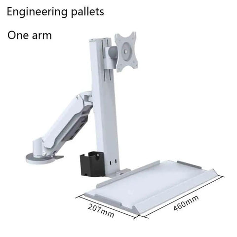 Rock Solid White Single Monitor Arm Stand Featuring Built In Keyboard Mouse Tray With Effortless Air Pressure Height Control Plus Zero Hassle Swivel Tilt Adjustments For Ultimate Desk Setup side view with ergonomic design and dimensions