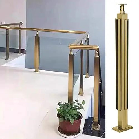 Solid 304 Stainless Steel Railing Post Kit With Round Handrail Guardrail System For Glass Panels Deck Patio Balcony Knockout Rust Resistant outdoor railing system with gold finish, showcasing sturdy design and glass panel integration.