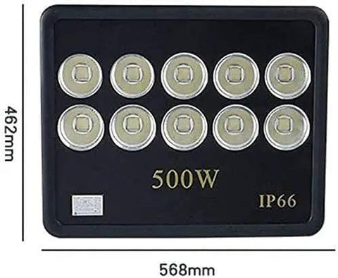 Super Tough 500W Led Flood Light IP66 Waterproof Outdoor Security And Work Light Built Like A Tank shown from above with dimensions labeled.