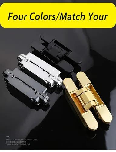 Four colored concealed hinges for wooden folding doors, shown in black, silver, and gold, highlighting various modern design options.