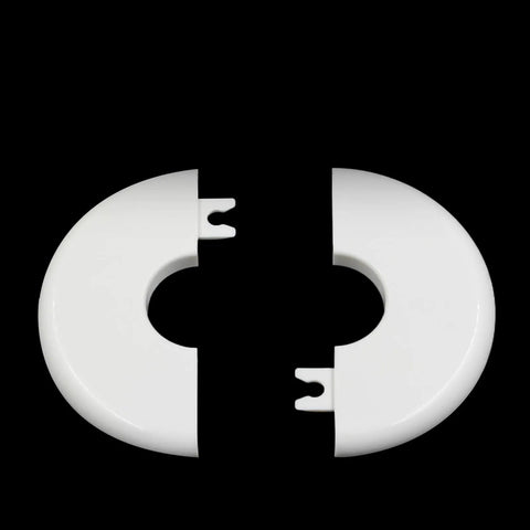 Foolproof Wall Split Flange For One Inch Pipe Cover White ABS Plastic Workhorse Grade Heavy Duty Crack Resistant Pipe Trim Four Pack Wall Hole Shield No Drama Setup, shown from above on black background.